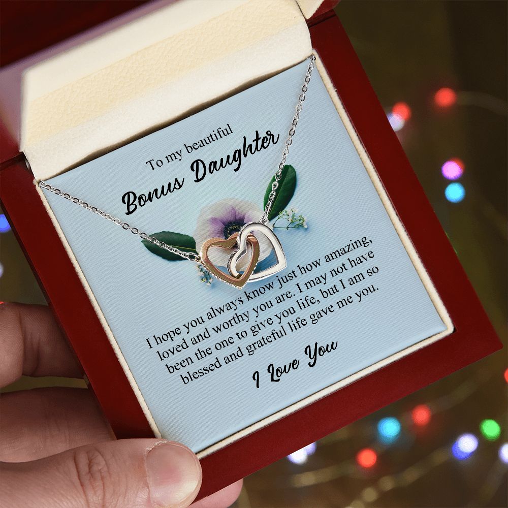 To My Beautiful Bonus Daughter, Interlocking Hearts Necklace, Stepdaughter Gifts From Stepmom, Necklace Jewelry Gift for Birthday Christmas JWSN110760