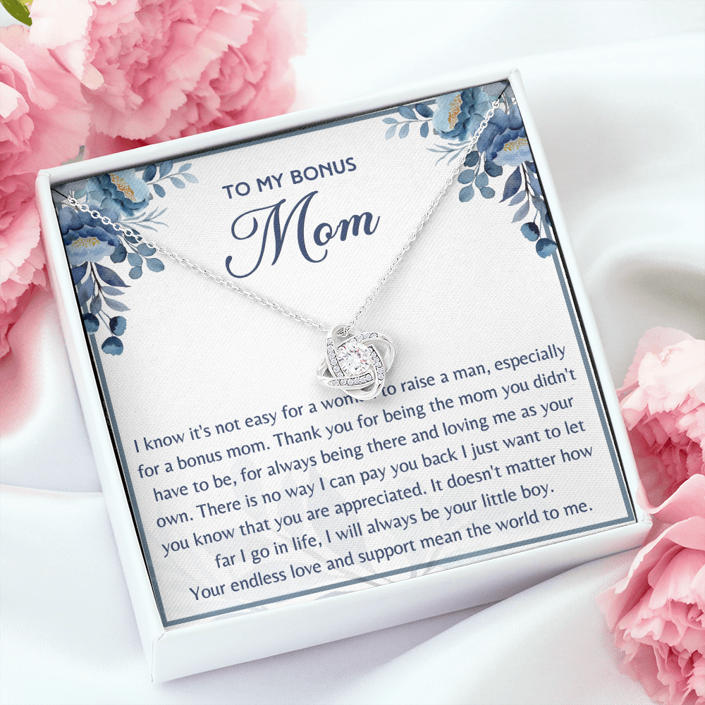 Gift for Bonus Mom from Son Necklace Love Knot Jewelry Box Message Mother's Day Birthday