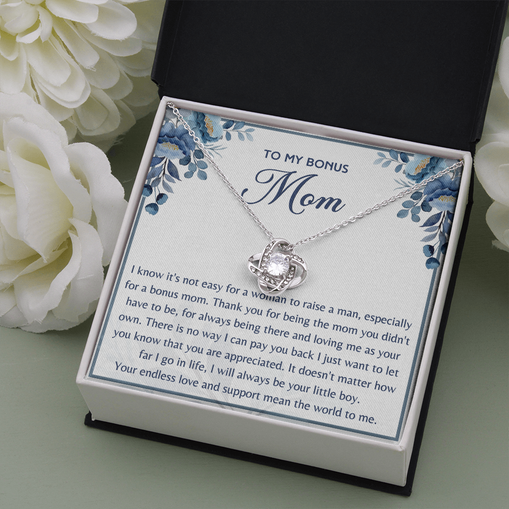 Gift for Bonus Mom from Son Necklace Love Knot Jewelry Box Message Mother's Day Birthday