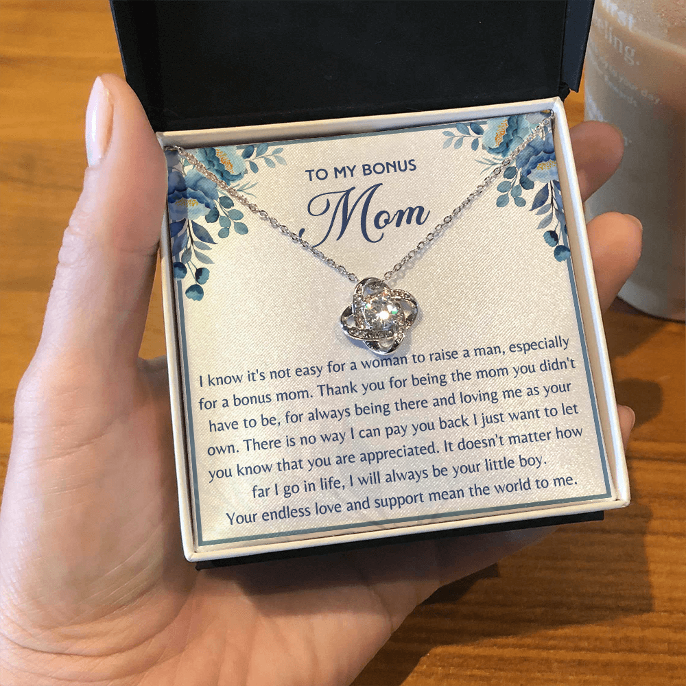 Gift for Bonus Mom from Son Necklace Love Knot Jewelry Box Message Mother's Day Birthday