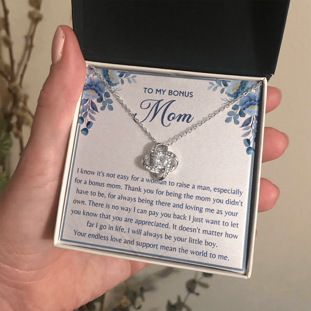 Gift for Bonus Mom from Son Necklace Love Knot Jewelry Box Message Mother's Day Birthday