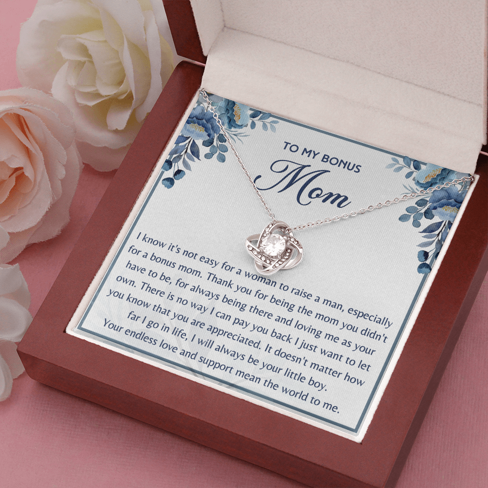 Gift for Bonus Mom from Son Necklace Love Knot Jewelry Box Message Mother's Day Birthday