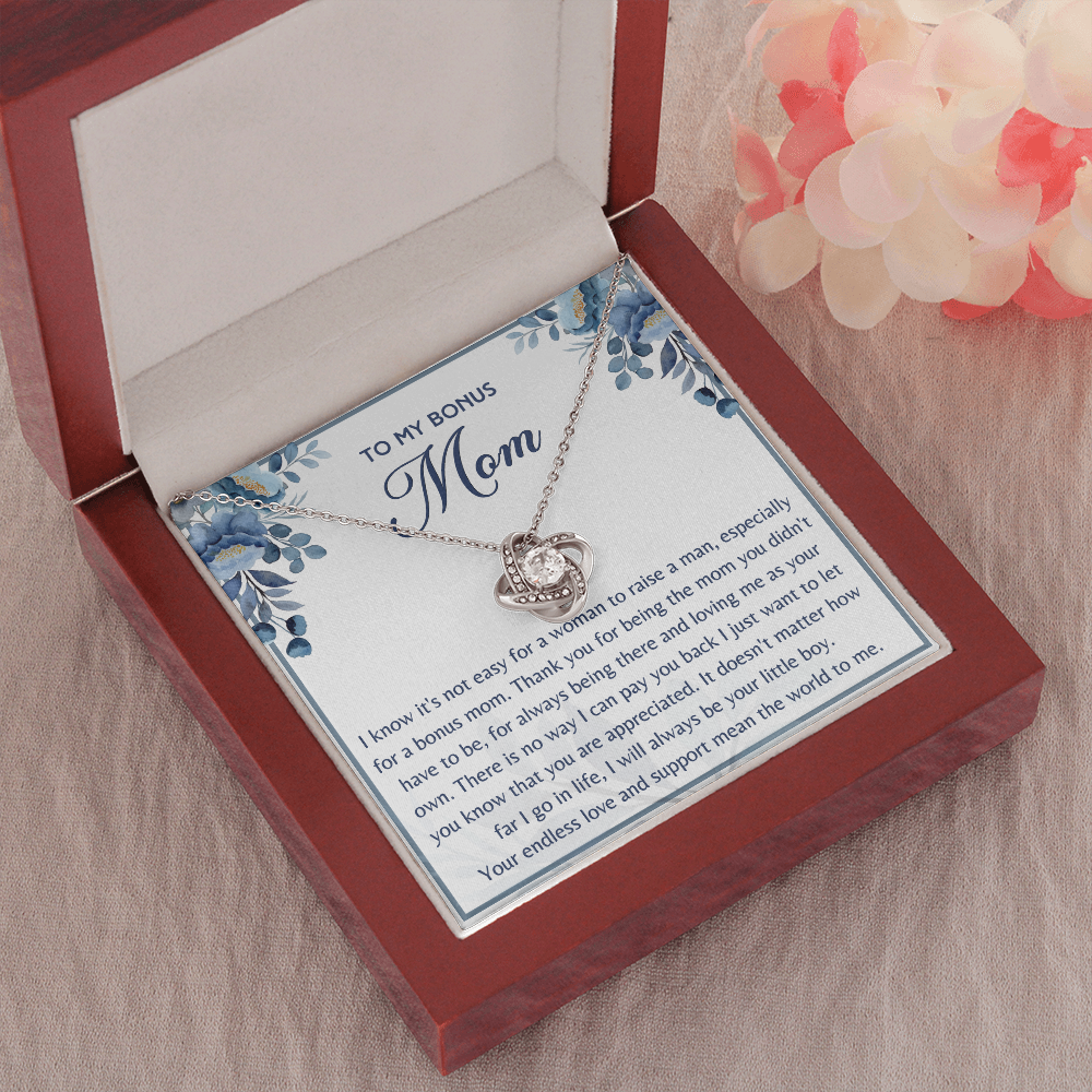 Gift for Bonus Mom from Son Necklace Love Knot Jewelry Box Message Mother's Day Birthday