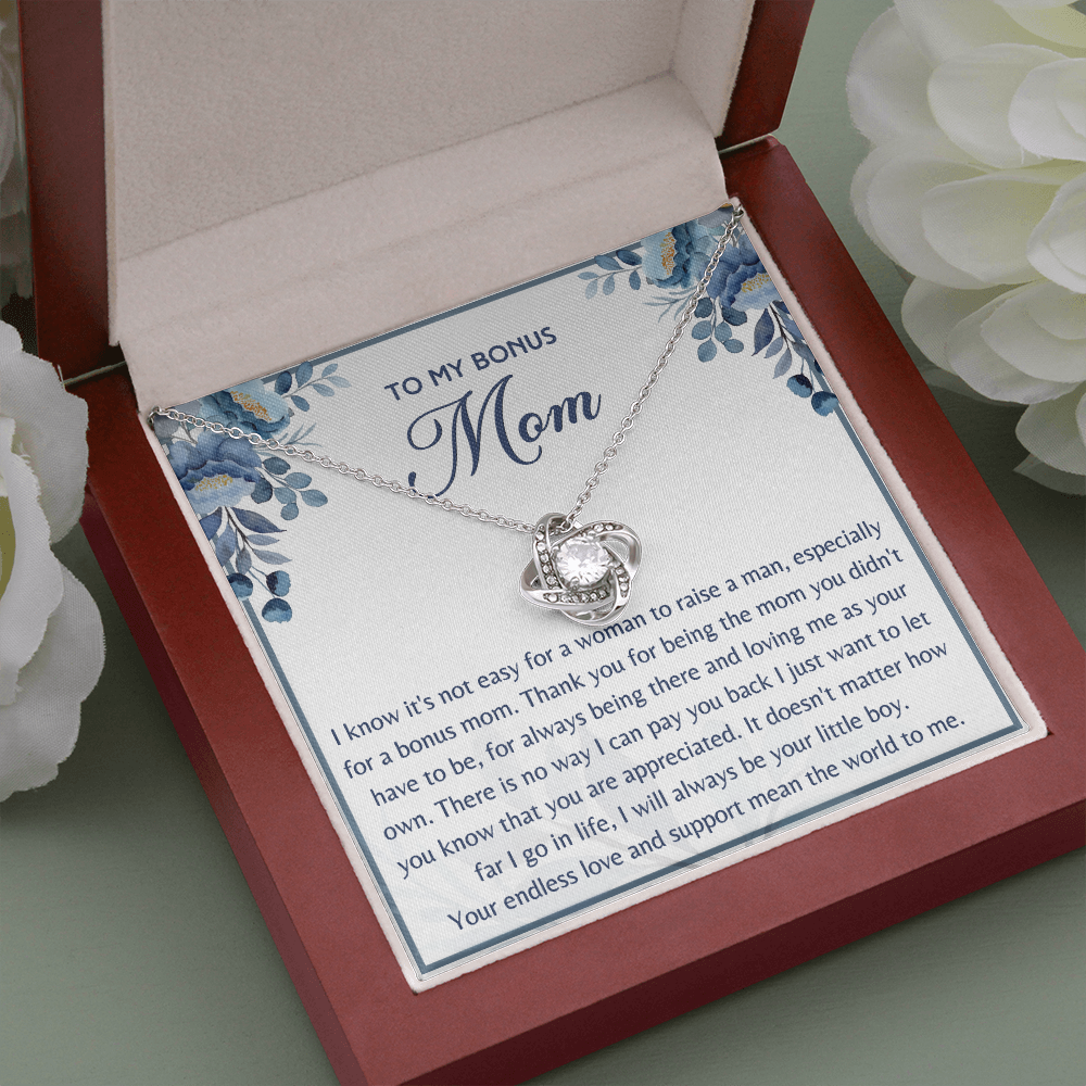 Gift for Bonus Mom from Son Necklace Love Knot Jewelry Box Message Mother's Day Birthday