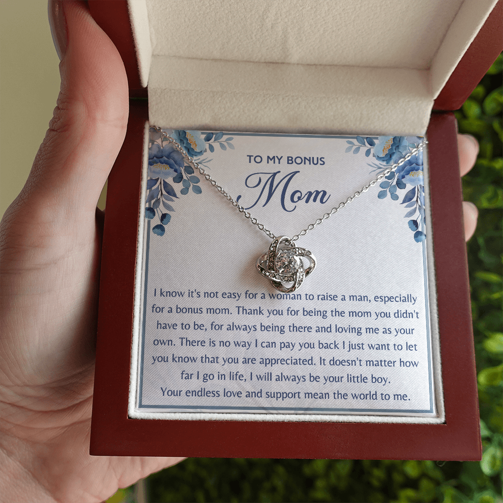 Gift for Bonus Mom from Son Necklace Love Knot Jewelry Box Message Mother's Day Birthday