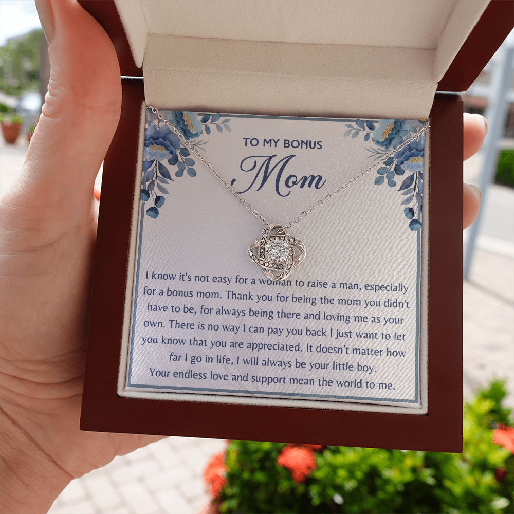 Gift for Bonus Mom from Son Necklace Love Knot Jewelry Box Message Mother's Day Birthday