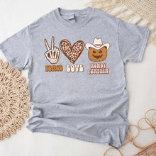 Load image into Gallery viewer, Peace Love Howdy Shirt, Halloween Pumpkin Outfit - Funny Skeleton Shirt - Fall Apparel
