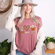 Load image into Gallery viewer, Peace Love Howdy Shirt, Halloween Pumpkin Outfit - Funny Skeleton Shirt - Fall Apparel
